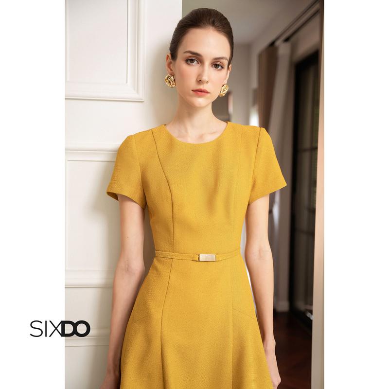 [HN]Đầm thô vàng dáng xòe cộc tay SIXDO (Glitzy Gold Woven Flared Dress) 3