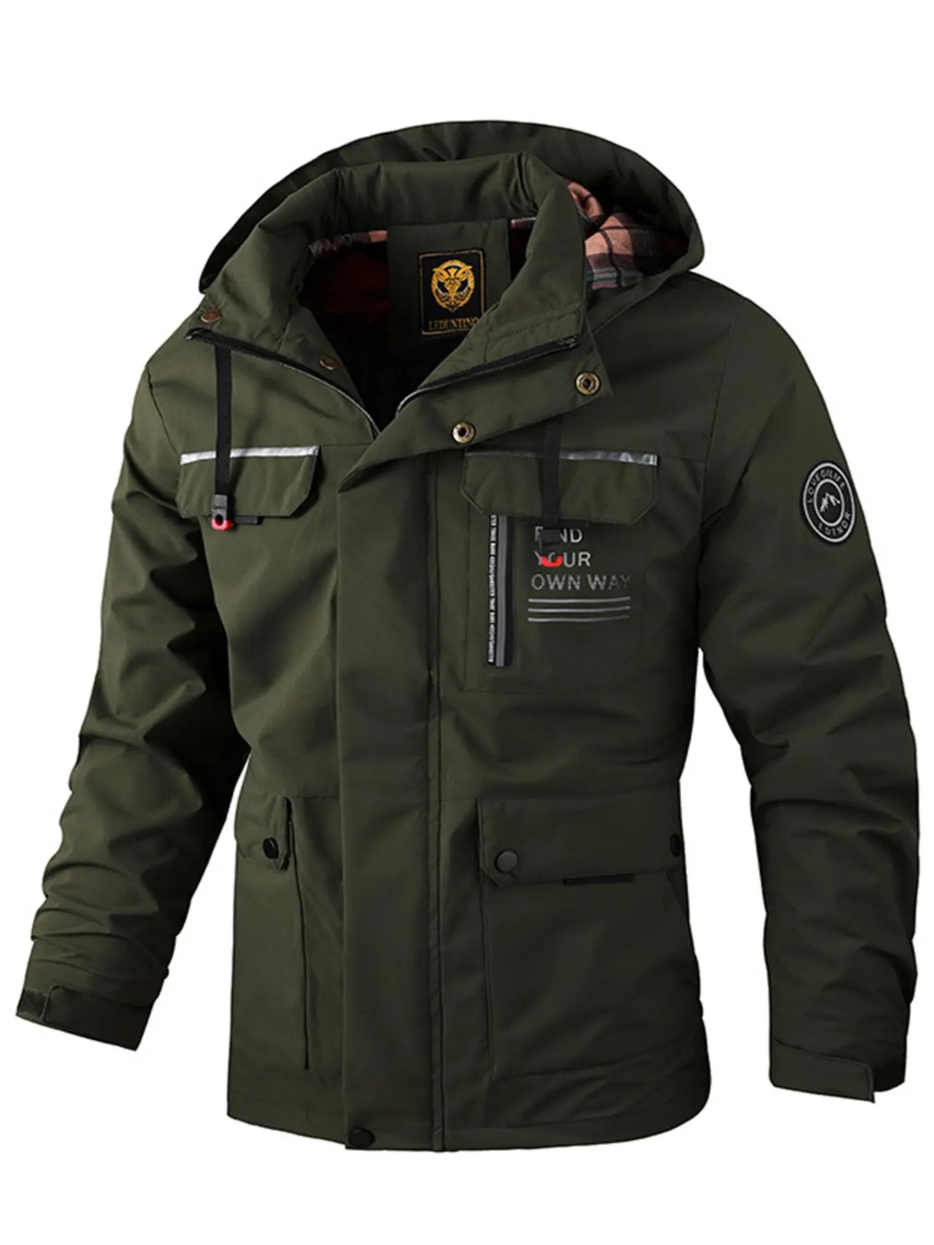 Men's Regular Fit Letter Print Pocket Zipper Jacket, Casual Waterproof Windproof Long Sleeve Hooded Outerwear for Outdoor Activities, Fashion Men's Clothes for Fall & Winter