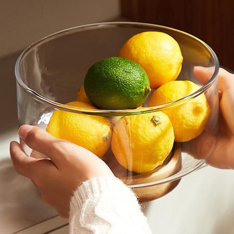 Round Clear Glass Fruit Plate With Wooden Base, 1 Count Light Luxury Transparent Fruit Snack Dish, Serving Tray For Home Kitchen Party 5