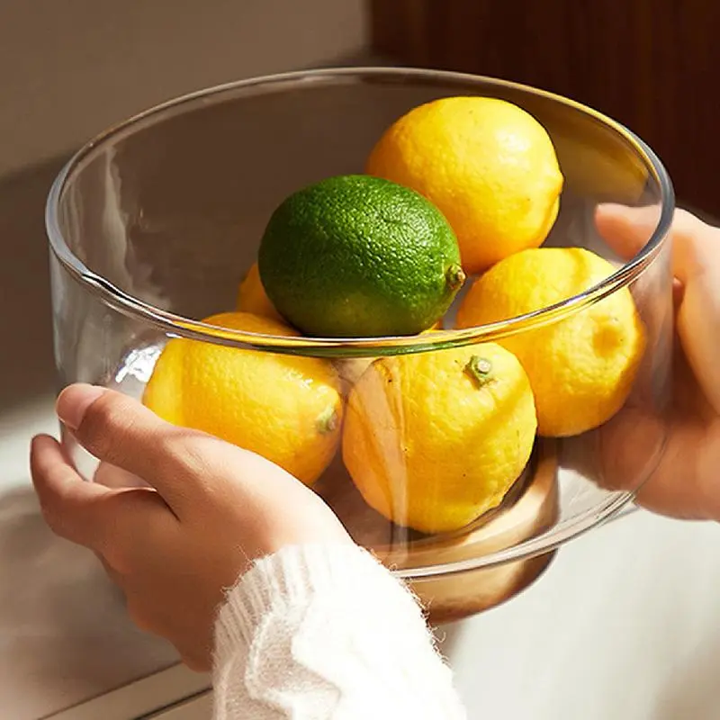 Round Clear Glass Fruit Plate With Wooden Base, 1 Count Light Luxury Transparent Fruit Snack Dish, Serving Tray For Home Kitchen Party 5