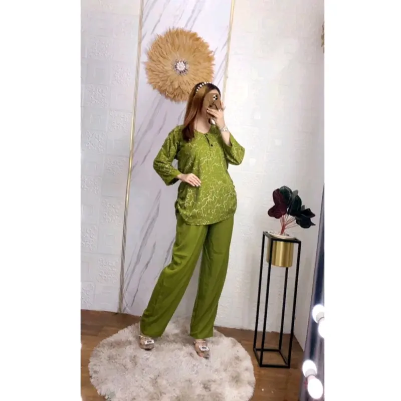 Setelan Wanita CPLP Lengan panjang Motif Abstrak Kancing Nyaman Atasan Baju Celana Rayon Santai Variasi Panjang Pendek one set rayon lengan panjang 4