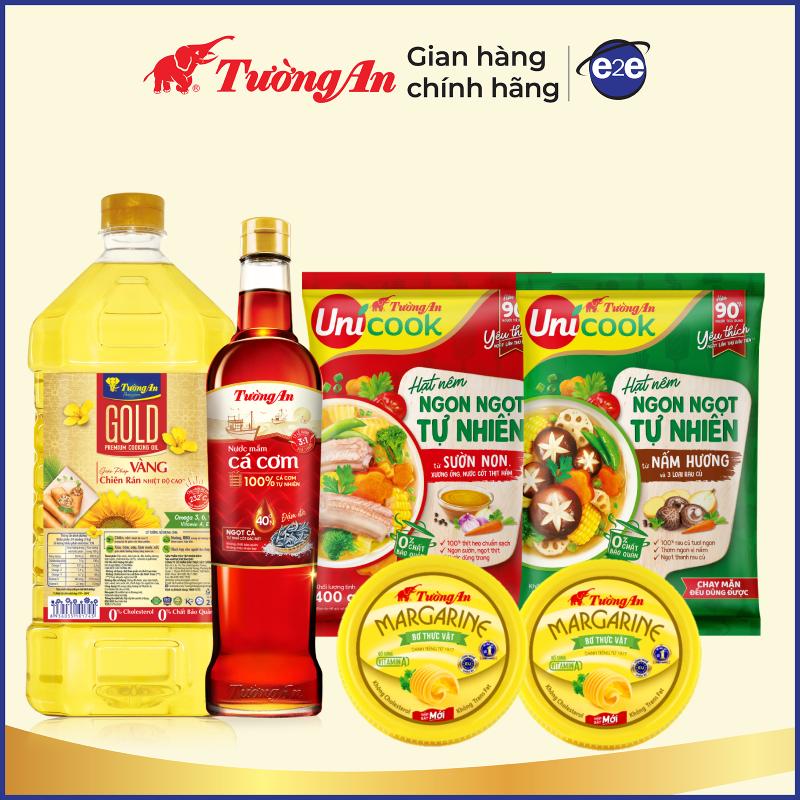 Combo Gia Vị Ngon Siêu Cấp: Nước mắm Tường An 40 Độ Đạm 500mlx1 chai Hạt nêm Tường An Unicook Nấm Hương 400g x 1 gói Hạt nêm Tường An Unicook Sườn Non 400g x 1 gói Dầu Ăn Thượng Hạng Tường An Gold 2Lx1 chai Bơ Thực Vật Tường An Margarine 200gx2 hộp