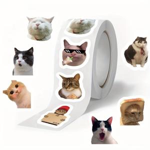 Etiqueta de Patrón de Gato, 500 piezas por rollo, Etiqueta de Cara de Gato Lindo con Expresiones, Etiqueta Decorativa Autoadhesiva para Tarjetas de Felicitación y Sobres de Regalo