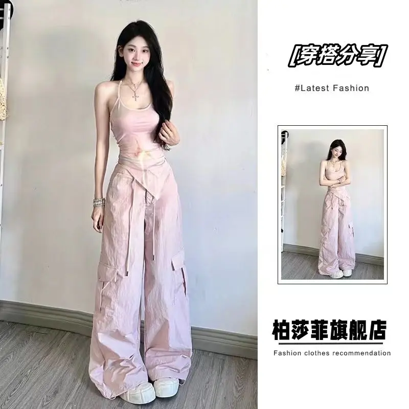 Bộ Đồ Hai Mảnh, Bộ Sưu Tập Mới Mùa Hè 2024, Phong Cách Hàn Quốc, Áo Yếm Mỏng Cô Gái Nóng Bỏng, Quần Ống Rộng Cạp Cao, Thích Hợp Mặc Đi Làm, Thời Trang Top