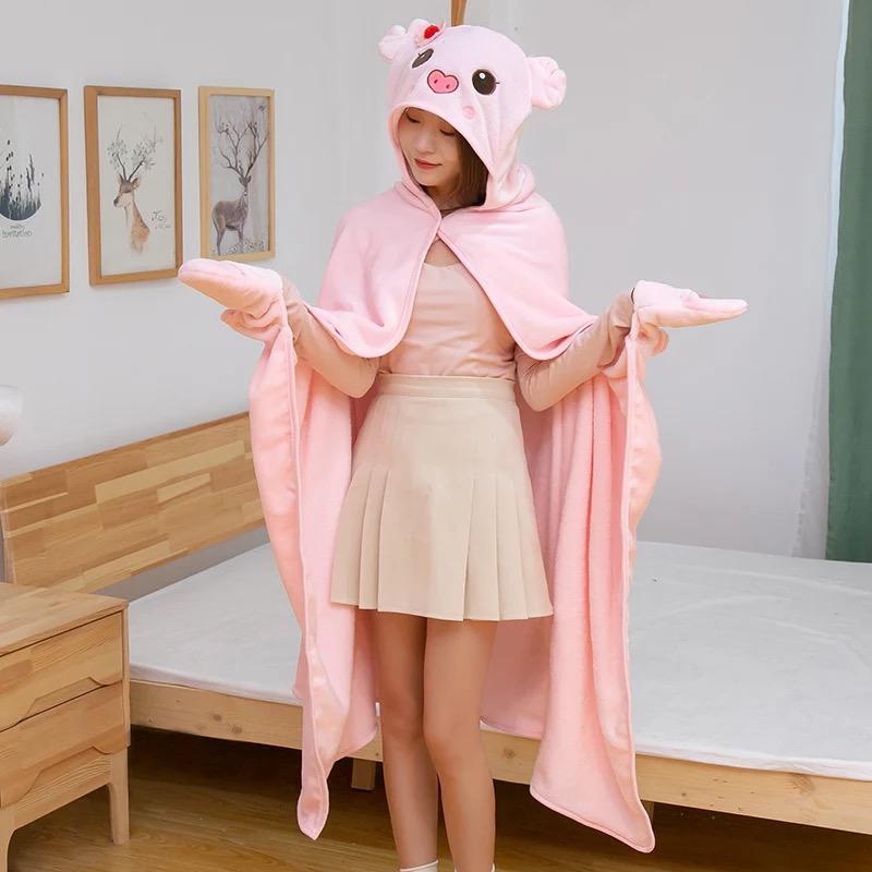 NTL B056 Selimut Hoodie Topi Kuala , Shiba Inu, Kelinci , Dino , Piggy Dangan Sarung Tangan, Jubah Anak Dewasa 3