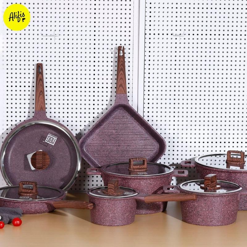 Bộ sưu tập nồi chảo đá maifan chống dính MGC màu tím tay cầm gỗ