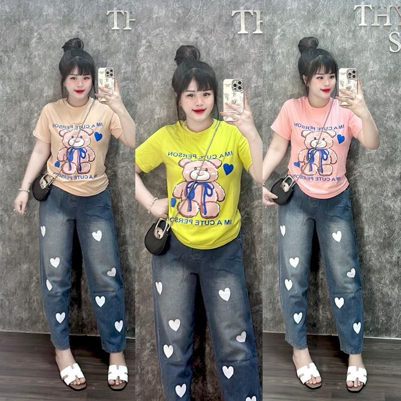 SET ÁO thun FORM VỪA in GẤU nâu , Quần jean baggy lưng thun KO GIÃN 90cm Top Women Nữ.