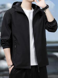 Men's Plain Black Pocket Zip Up Hooded Jacket, Regular Fit Casual Fashion Going Out Outfit Solid Color Windproof Coat, Drippy Outfits , Men's Outerwear Tops