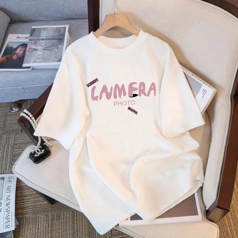 ANDREA cotton nguyên chất mùa hè 2024 phong cách mới phiên bản Hàn Quốc đa năng hợp thời trang dáng rộng unisex in hình học sinh mỏng vừa vặn áo sơ mi đáy ngắn áo thun giao hàng nghệ thuật thêu hoa mỏng mỏng áo sơ mi Hart trắng ướt của phụ nữ 1