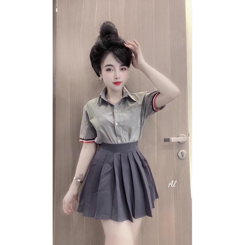 SÉT ÁO SƠ MI KẺ KÈM CHÂN VÁY TENNIS XÁM Top Nữ Women