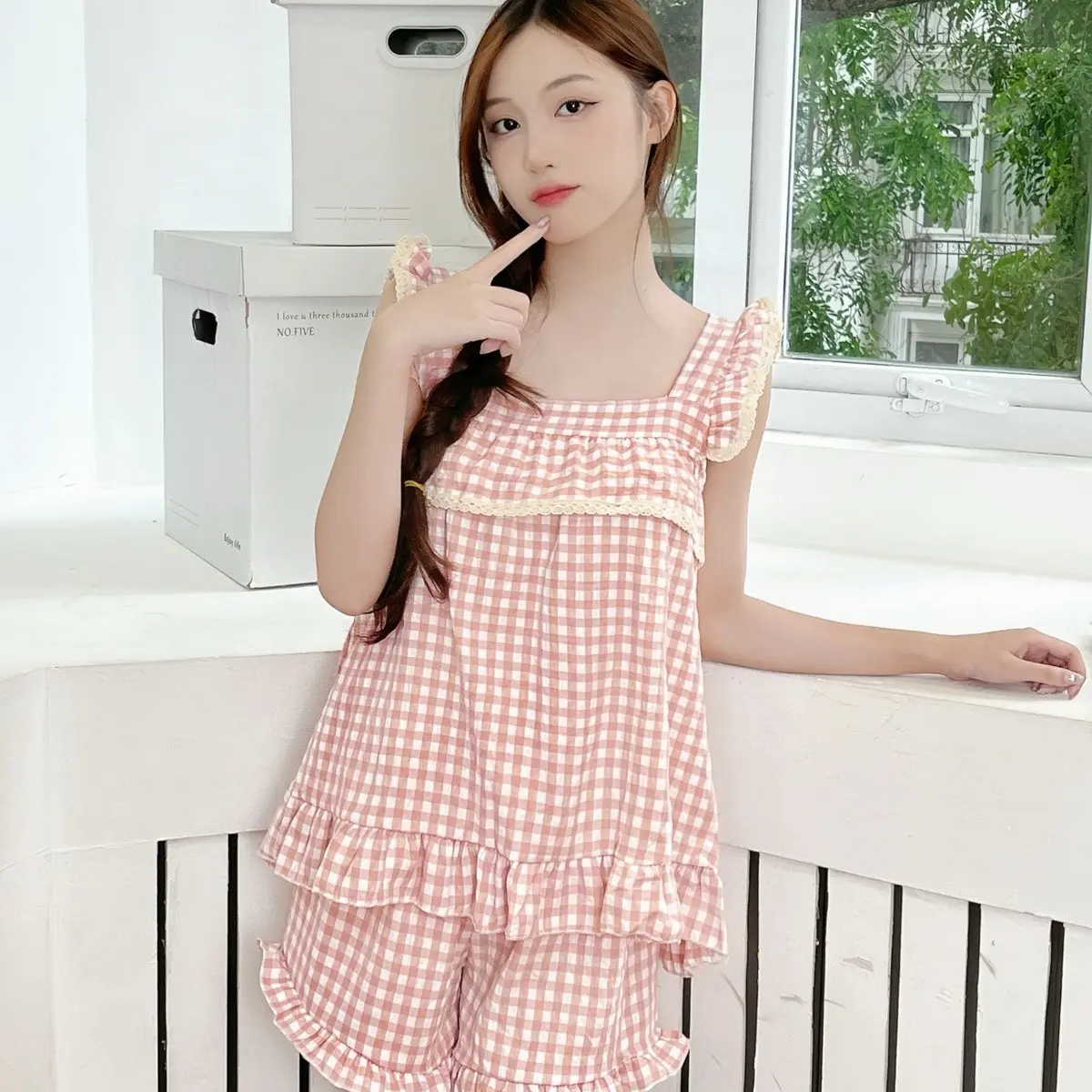 Đồ Bộ Ngủ Nữ Pijama. Chất Thô Đũi Hàn Phong Cách Tiểu Thư CAMELLIA TN021HONG Women Quần Ngủ Áo Top