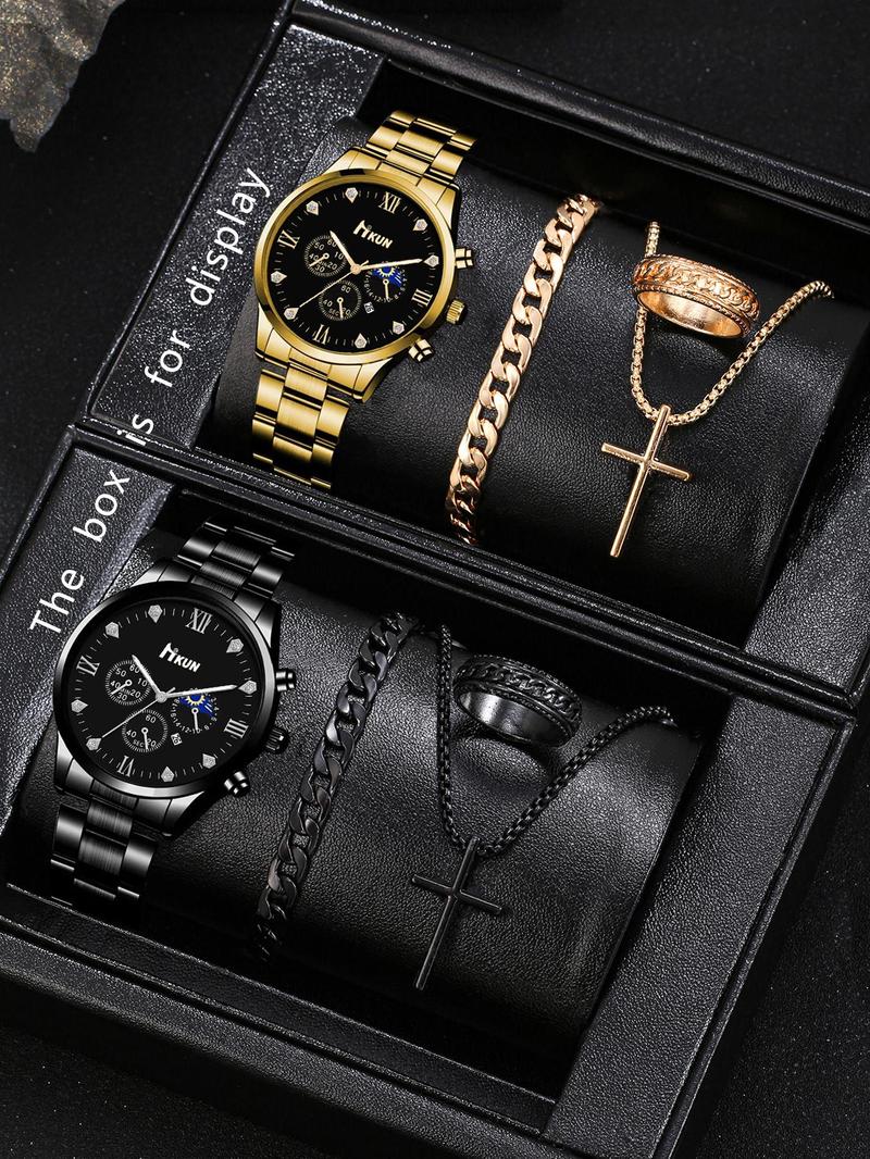 Product Introduction of 2024 New Style Men's Watch Set, Fashion Watch & Bracelet & Necklace & Ring Set for Party, Daily Clothing Decor, Trendy All-match & Exquisite Watch Set for Birthday Gift 3
