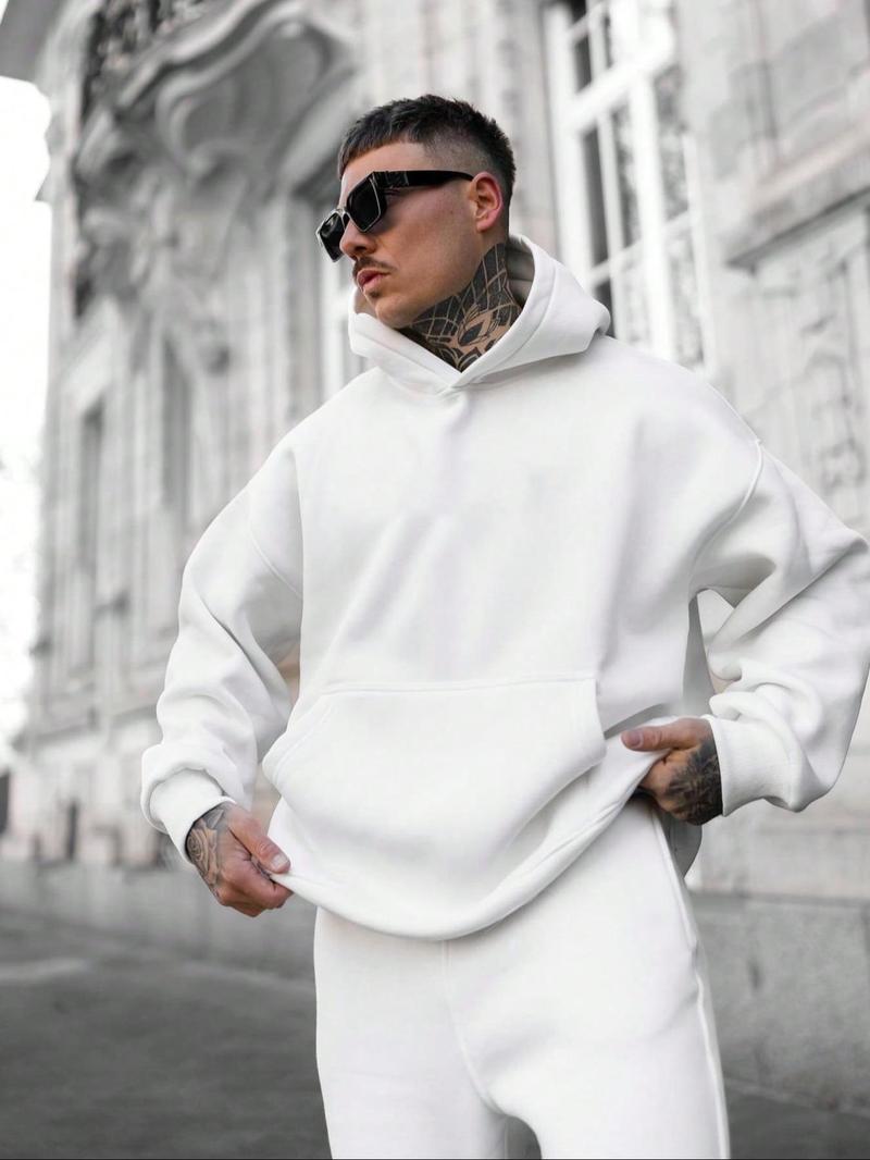 Product Introduction of Men's Solid Drop Shoulder Thermal Lined Hoodie, Casual Regular Fit Long Sleeve Pocket Hooded Sweatshirt for Fall & Winter, Men's Clothes for Daily Wear 1