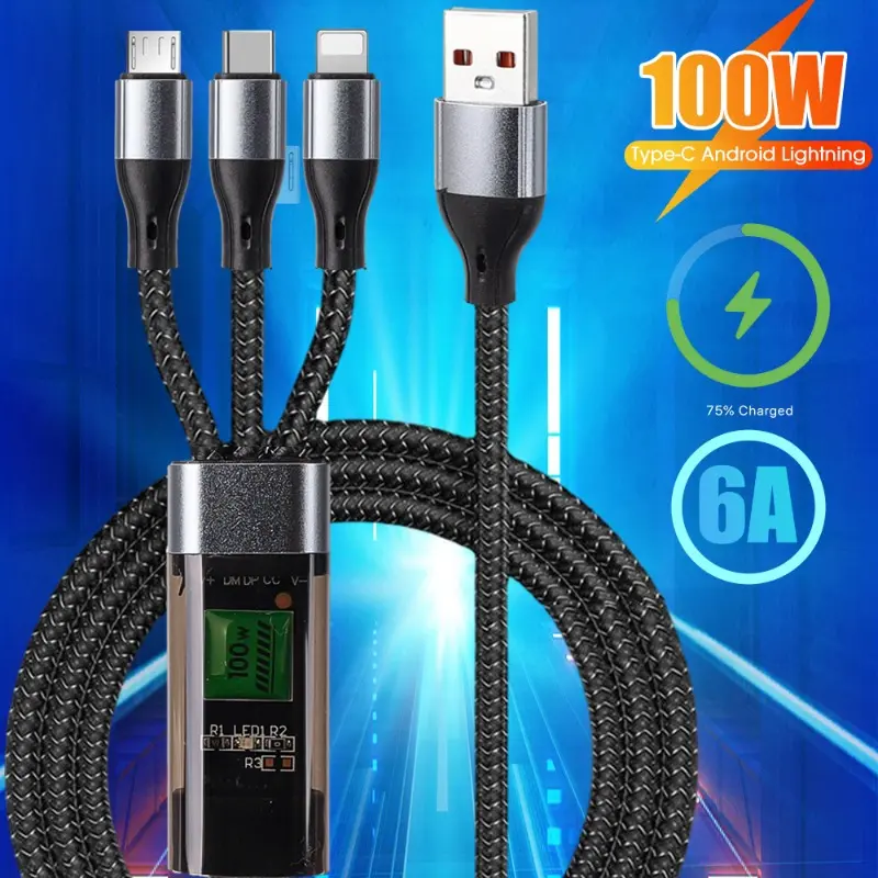 Cáp sạc nhanh, 3 trong 1, 100W, Cáp USB loại C, dành cho IPhone, Samsung, Huawei, 50 Pro, Bộ sạc Micro Usb C, Dây cáp sạc 0