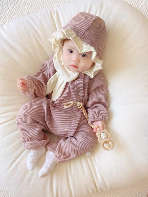 [Body + mũ] Bộ Body Dài Tay Bodysuit Áo Liền Quần Bộ Đồ Liền Thân Babyshop88vn Cổ Bèo Vải Tăm Dành Cho Bé Trai Bé Gái M18.7.24-4 Màu Hồng Be, Thích Hợp Cho Trẻ Từ 1-12 Tháng Tuổi