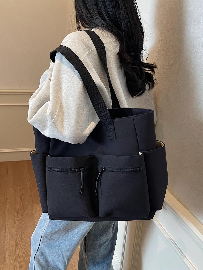Product Introduction of Women's Solid Color Zipper Handbag, Large Capacity Multi-pocket Design Tote Bag, Casual Versatile Shoulder Bag for Daily Used 4