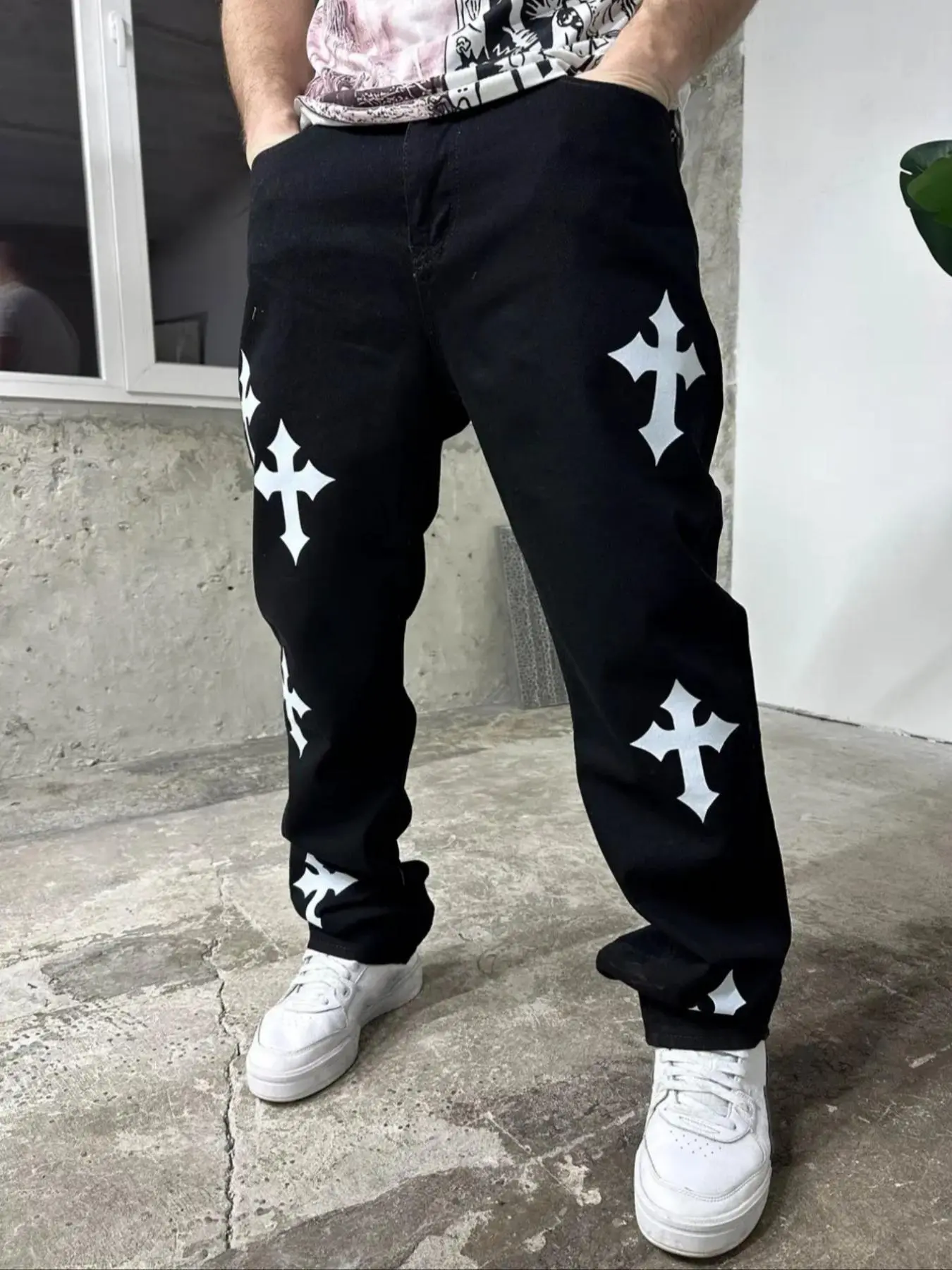 Men's Cross Print Straight Leg Jeans, Street Fashion Casual Loose Denim Pants for Daily Wear, Mens Bottoms for All Seasons, Cotton