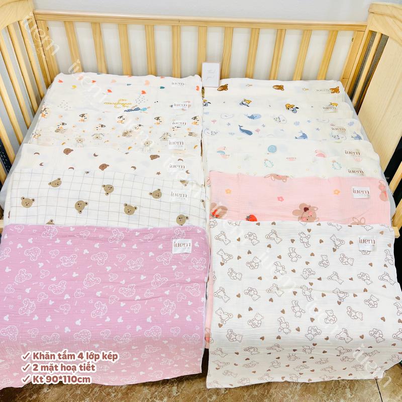 iuem (SIZE TO) KHĂN TẮM xô muslin 4 lớp kép 88*110cm dành cho bé từ sơ sinh tới lớn, đa năng làm chăn tới 1 tuổi cho bé, chất thoáng mát, mềm mịn, thấm hút tốt (kích thước +-2cm)