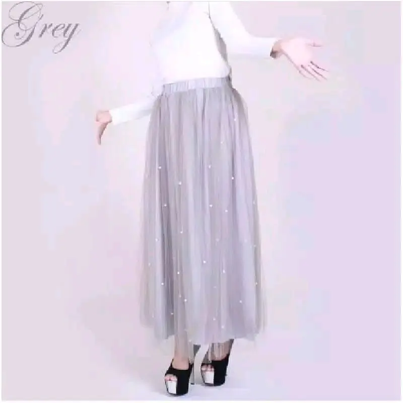 Rok tutu mutiara Wanita Bawahan Panjang Cewek Fit Karet Motif Tile Putih Dewasa Pesta Kerja Maxi 4