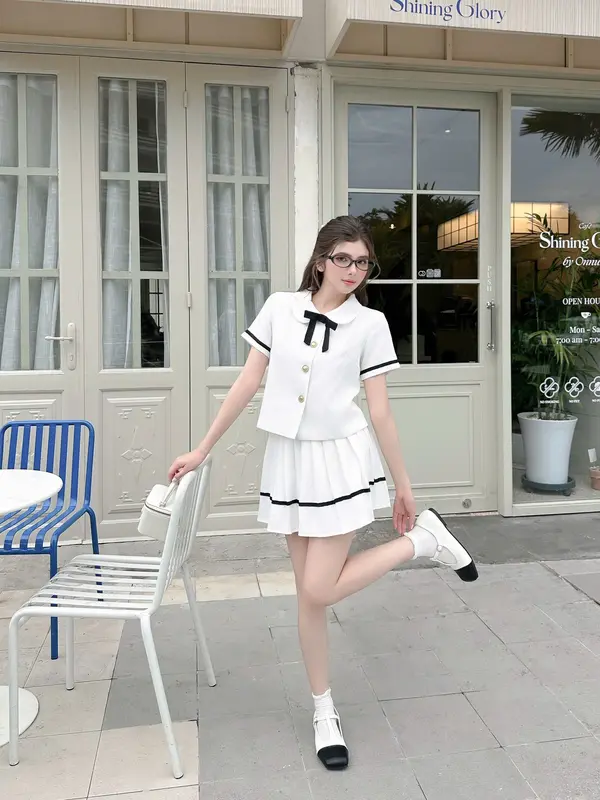 Set Váy Dạ Tex Cổ Sen Phối Nơ Xinh Mix Chân Váy Xếp Li Sang Chảnh, Tiểu thư, Fiona Set- SET14 [LALA DESIGN], [S-XXL] Nữ Women 2
