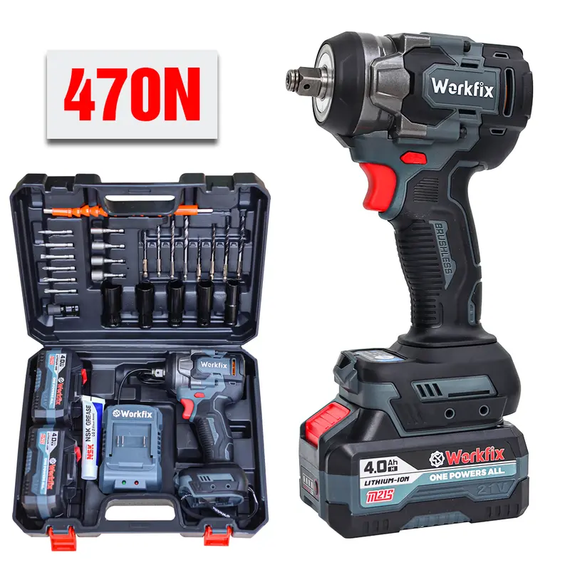 [ Tặng 25 phụ kiện] Máy Siết Bulong Workfix 470N.m - Đa Năng 2 In 1 - IW470NBL - Motor Brushless - Chân Pin Phổ Thông 2 Pin 21V/4Ah - Bảo Hành Chính Hãng 1