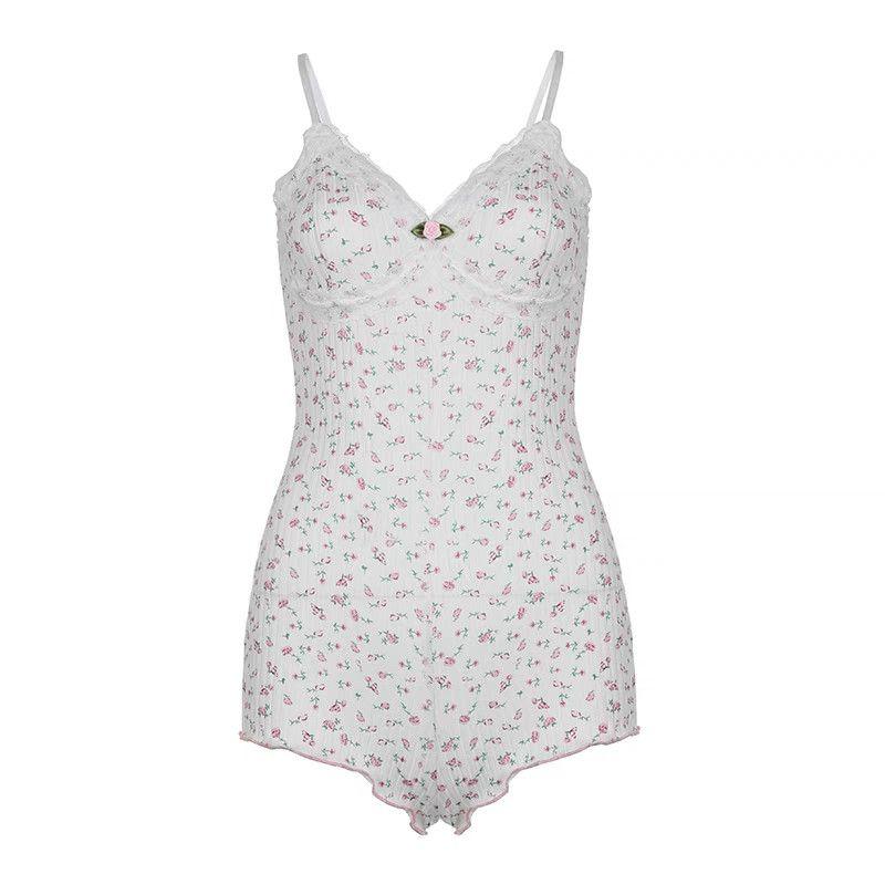 Product Introduction of Sexy Pajamas French Style Sexy Pure Desire Lace V-neck Slim Fit Floral Fresh Waist-cinching Strap Jumpsuit 7