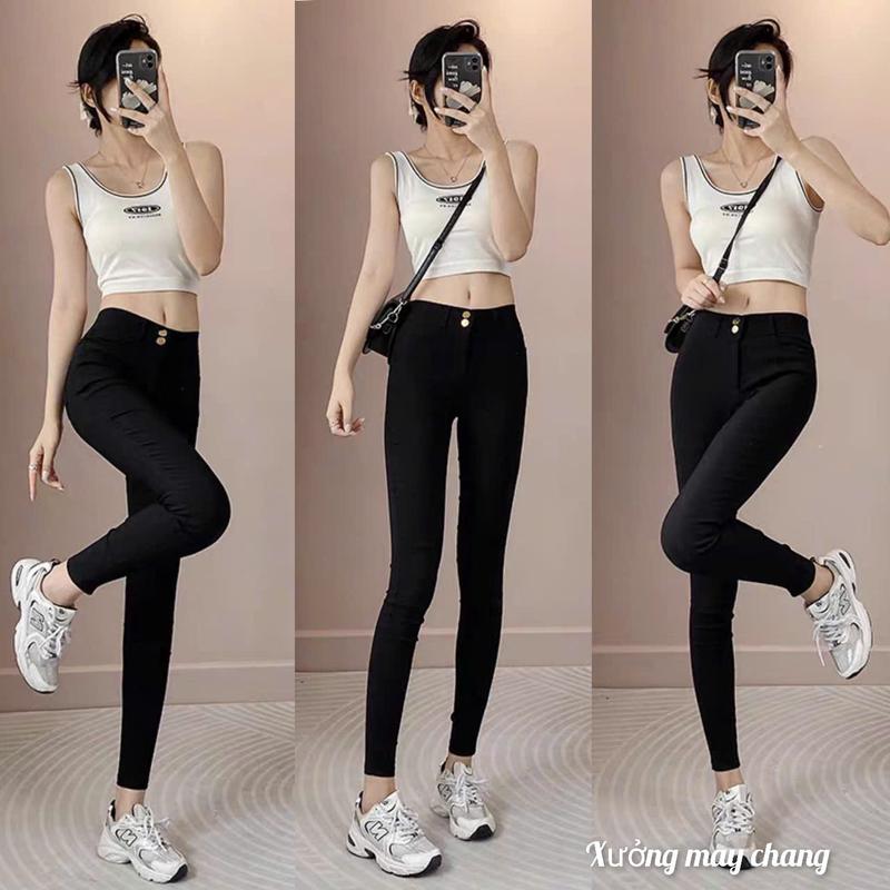 Quần legging hàn nữ cạp cao dài có túi 2 cúc khóa kéo - Quần legging Đen nữ dài co giãn gen bụng vải dày Umi ôm body