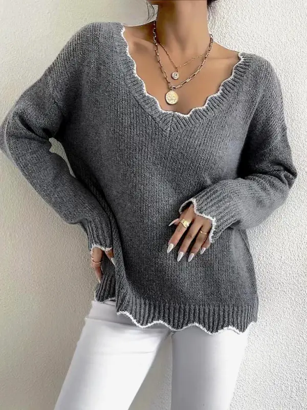 Women's Scallop Trim Drop Shoulder Sweater, Casual Long Sleeve V Neck Jumper for Fall & Winter, Comfy Fall Outfits for Women 3
