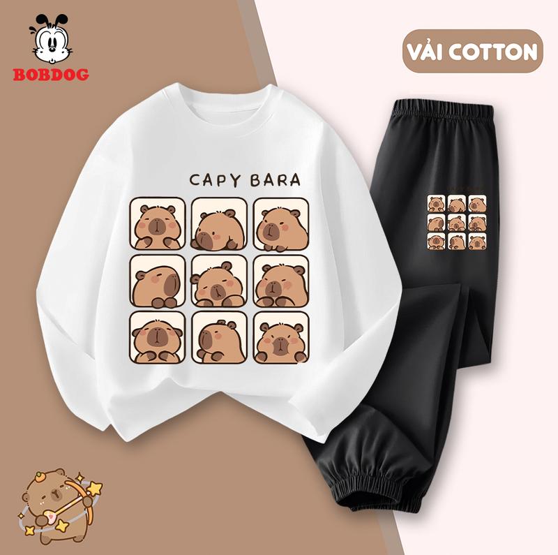 [CAPYBARA] Bộ quần áo dài tay bé trai BOBDOG 2024, set thu đông chất liệu cotton in hình CAPYBARA cute-TW-KS46 cho bé