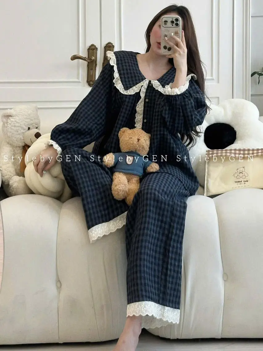 Set Bộ Đồ Dài Tay Kẻ Carro Viền Ren |Freesize 40-60kg| chất đũi mềm không nhăn, Set Pijama Nhiều Màu Xinh - S88