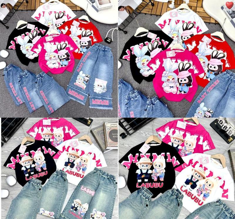 MinMinKid2 18-45kg dưới 1m5 Set áo thun cotton in hình Labubu Baby Three ngộ nghĩnh phối quần TUA RUA MIN MIN cho bé gái