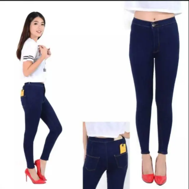Celana Jeans Wanita Highwaist celana jeans skinny plain soft/polos premium ukuran 27-34 kancing bootcut Korean Blue 2