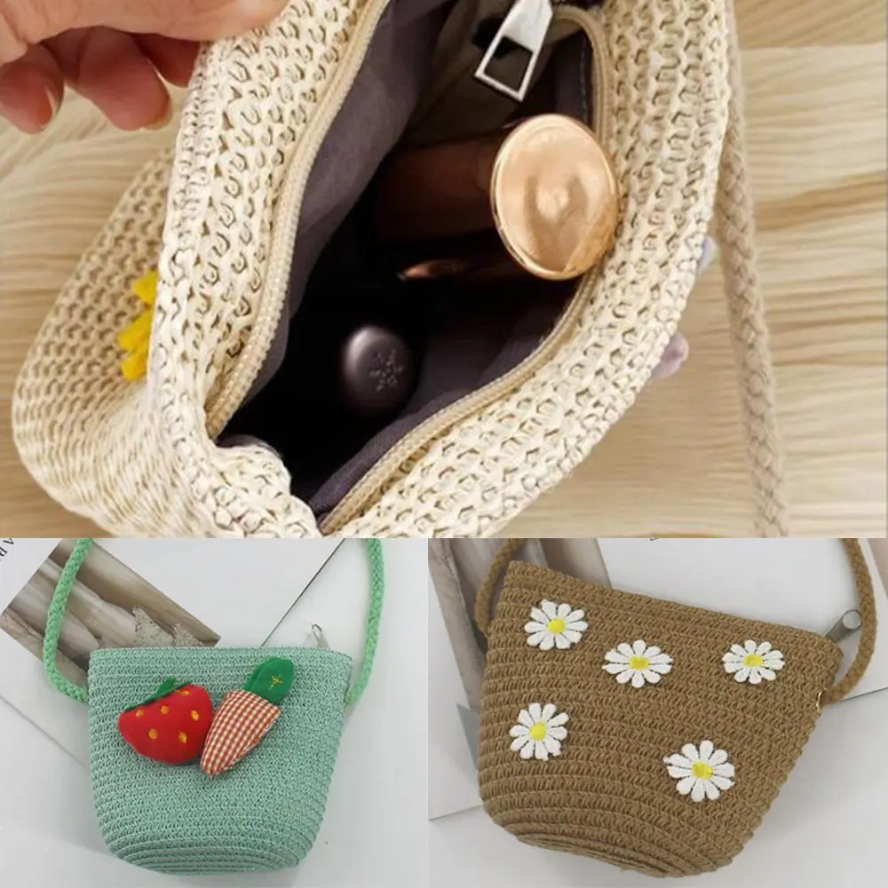 Dompet Syiling Kunci Bunga Daisy, Buatan Tangan, Beg Tangan dan Beg Bahu, Beg Utusan Jerami, untuk Kanak-kanak Perempuan dan Kanak-kanak Comel