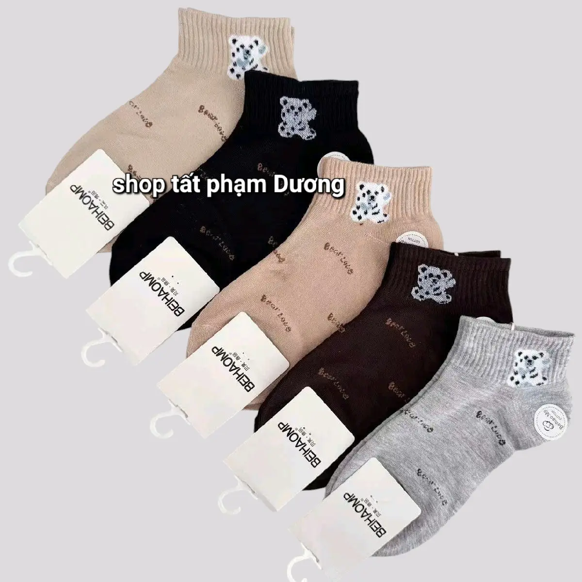 Sét 5 đôi Tất nữ cổ ngắn 5 màu thêu GẤU  chữ  BEAR LOVE thời trang - Women( Nhung Voi Tre)