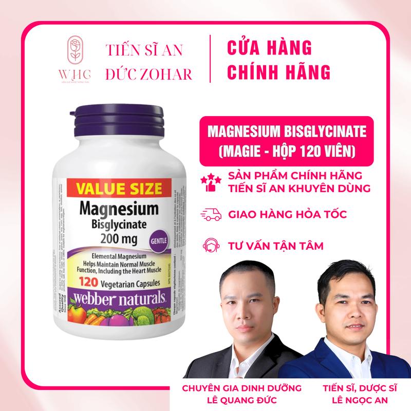 Viên uống Magnesium Bisglycinate 200mg Webber Naturals, hỗ trợ sức khỏe cơ xương và thần kinh (Hộp 120 viên)