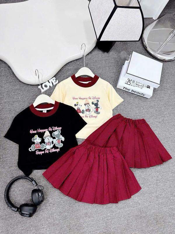 Set áo và chân váy cho bé gái, xếp ly [CÓ LÓT] + áo phông Mickey cute cho bé gái dễ thương, chất cotton mát, 2 màu, size 12-38 kg
