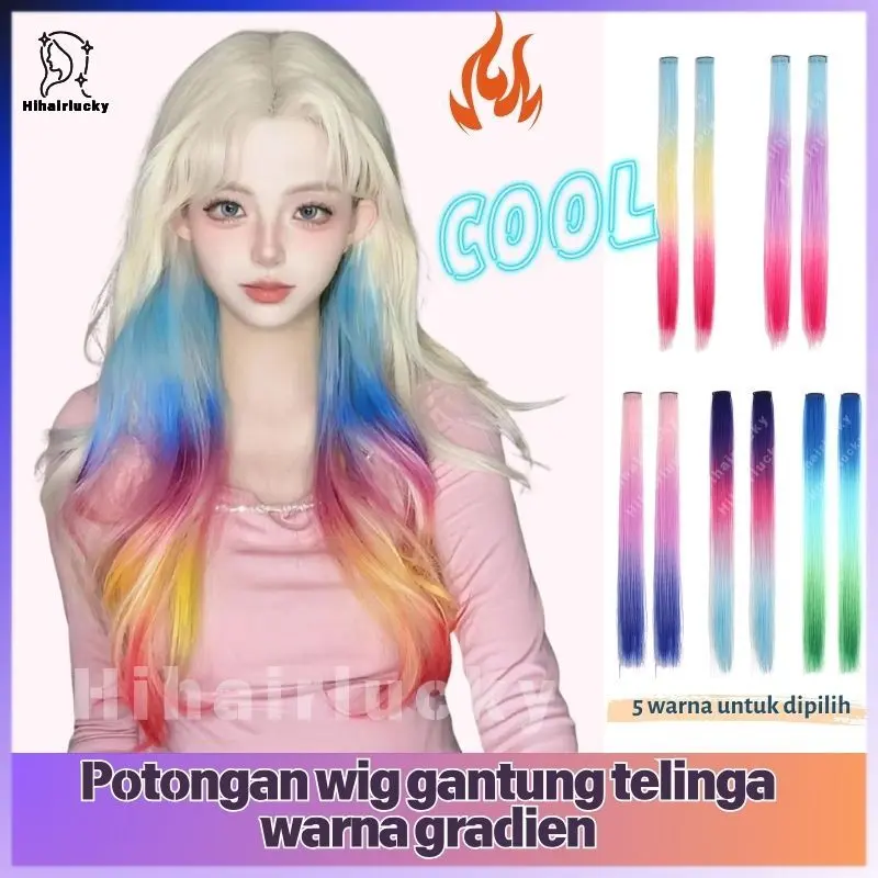 HIL-0040 Hairclip Extension Warna Gradient - Aksesoris Rambut Konser Pesta, Gaya Korea Jepit Sisi Telinga, Rambut Palsu Halus Natural (Wanita) 0