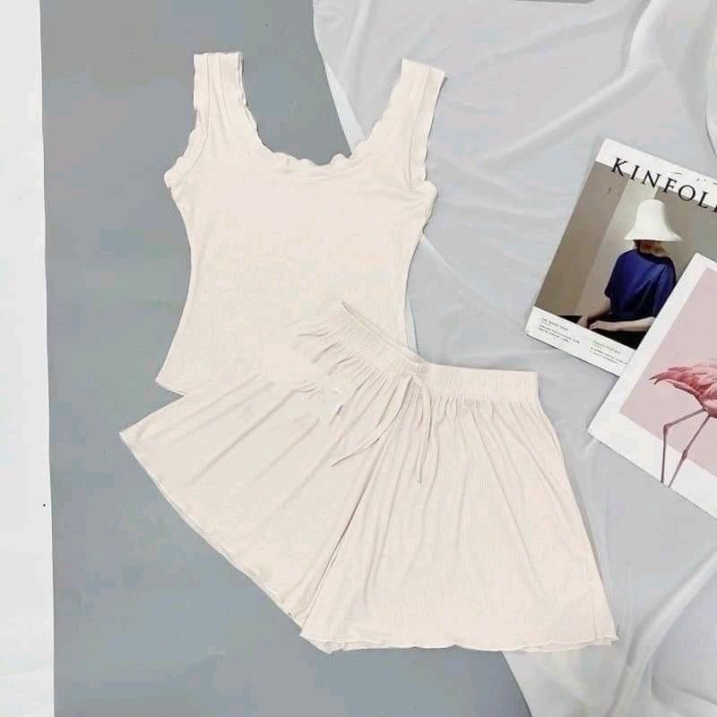 C10 Bộ ngủ áo ba lỗ quần viền bèo thun tăm, Sét đồ ngủ sexxy co giãn chất mát lạnh dưới 53kg  Nữ Voi