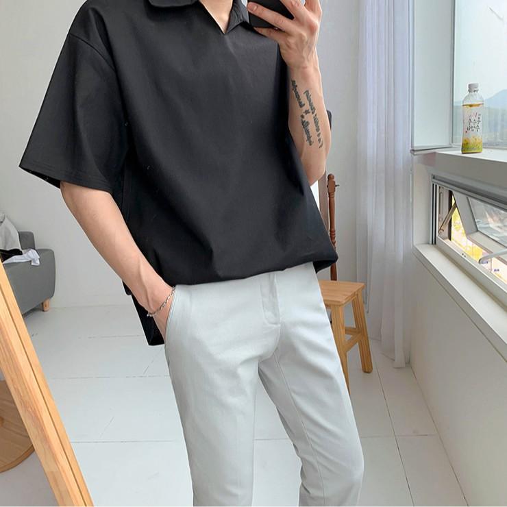 Áo sơ mi nam cổ chui dáng polo tay ngắn cổ bẻ  SMC4 M.RO Phong cách Hàn Quốc màu den 2