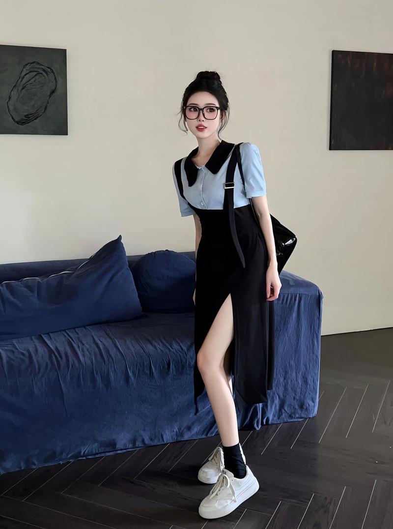 Product Introduction of 2024 Summer New Fashion Simple plus Size Women's Clothing Slim Fake Two Pieces Dress Short Sleeve Mid-Length Black Dress Casual Womenswear 11