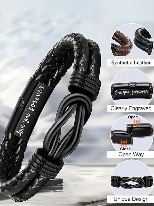 Men's Simple Style Plain Color Braided Textured Synthetic Leather Bracelet with Letters Pattern, Casual Trendy Bracelet with Knot Design, Fashionable Accessories for Daily & Party Decoration, Christmas Gifts for Boyfriend 5