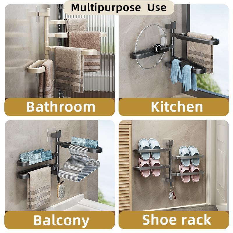 Product Introduction of Wall Mounted Towel Rack, 1 Count Multi Layer Punch Free Towel Holder with Hook, 180 Degree Rotatable Towel Storage Rack, Home Organizer for Bathroom 2