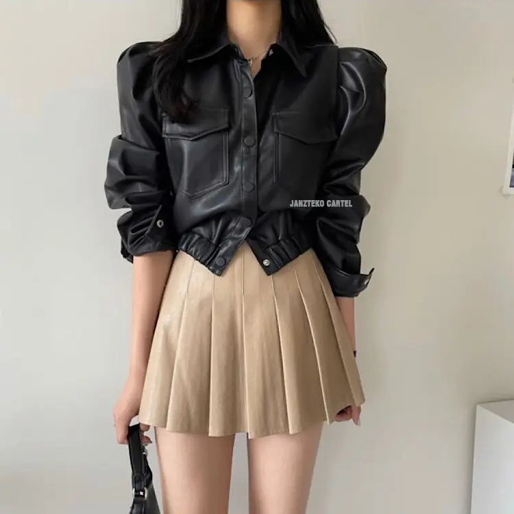 JNK x LUVI - Jaket Mantel Wanita Kulit Imitasi Hitam Bahan Semi Kulit Sintetis Viena Faux Synthetic Leather Jacket Shirt Black Saku Ganda Kasual Musim Dingin Style Korea Kancing Elegan