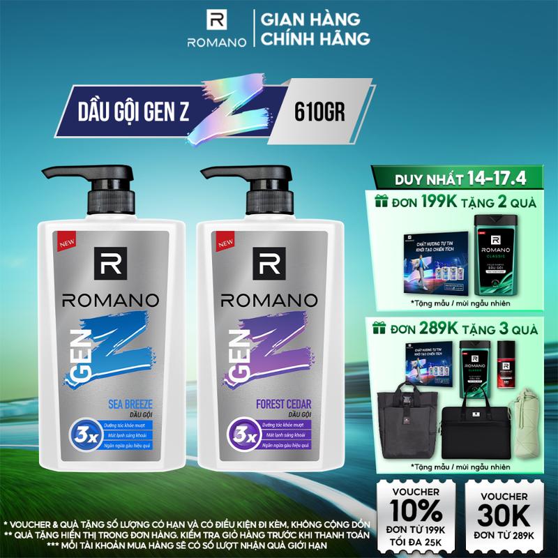 [ĐƠN 199K TẶNG 2 QUÀ] Dầu gội Dưỡng Tóc cho nam Romano Gen Z Hương Sea Breeze/ Forest Cedar 610g/ chai