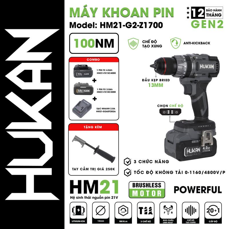 [GEN 2] Máy Khoan pin z1700 chính hãng Hukan lực siết 100N, bộ 2 pin 1 sạc cao cấp thêm tính năng antikickback, tạo xung, tháo vít chậm
