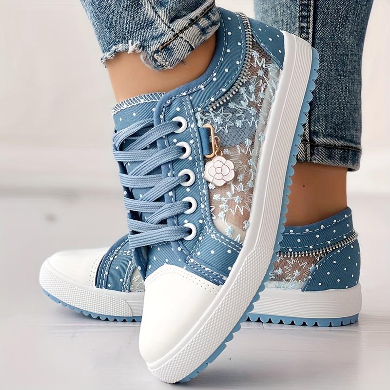 Women's Floral Mesh & Cover Casual Sneakers - Breathable Low-Top Lace-Up Round-Toe Shoes with PU Sole for Casual Attire, Ladies Sneakers, Comfortable Footwear, Durable Traction Footwear 3