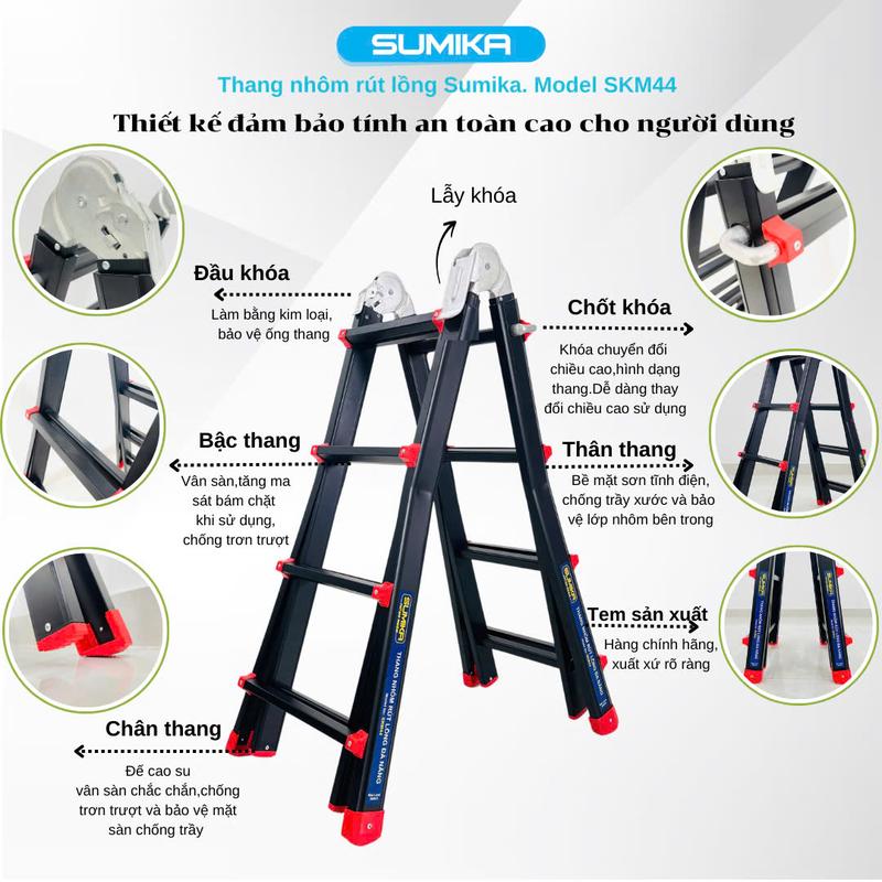 Thang nhôm chữ A rút lồng SUMIKA SKM44, chữ A cao nhất 2m, chữ I cao nhất 4m, sơn tĩnh điện