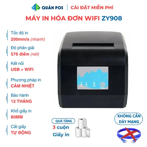 Máy in hóa đơn Wifi Zywell Zy908 - Máy in hóa đơn không dây kết nối điện thoại