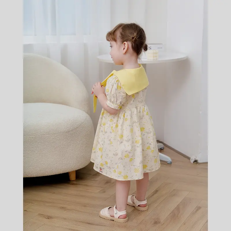 Váy bé gái tay bồng chất thô cotton họa tiết hoa phối dây vàng 2