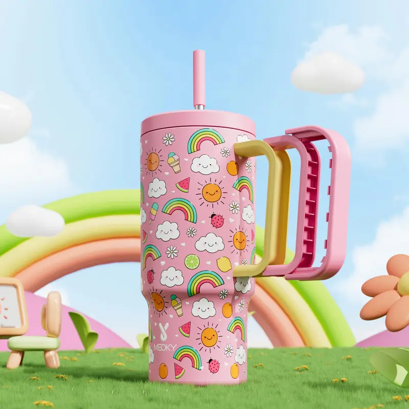 【meoky】 24oz Leak-proof Straw Handle Cup with Lid & Handle, 1 Count Portable Non-slip Stainless Steel Thermos Cup with Straw, Drinkware, Wide Mouth & Narrow Bottom Tumbler Cup for Easy Cleaning & Car Loading, Leakproof Tumbler, Insulated Thermos 2